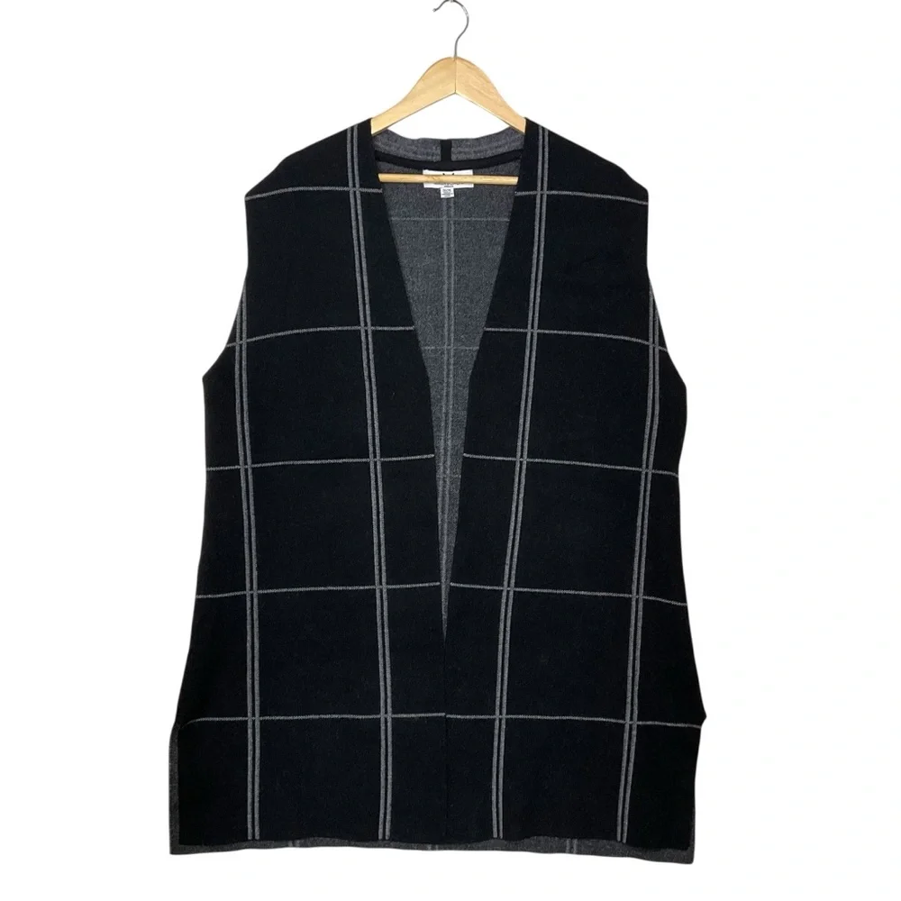 MAGACHONI sz 1X Long Sweater Vest Open Window Pane Plaid Charcoal Black